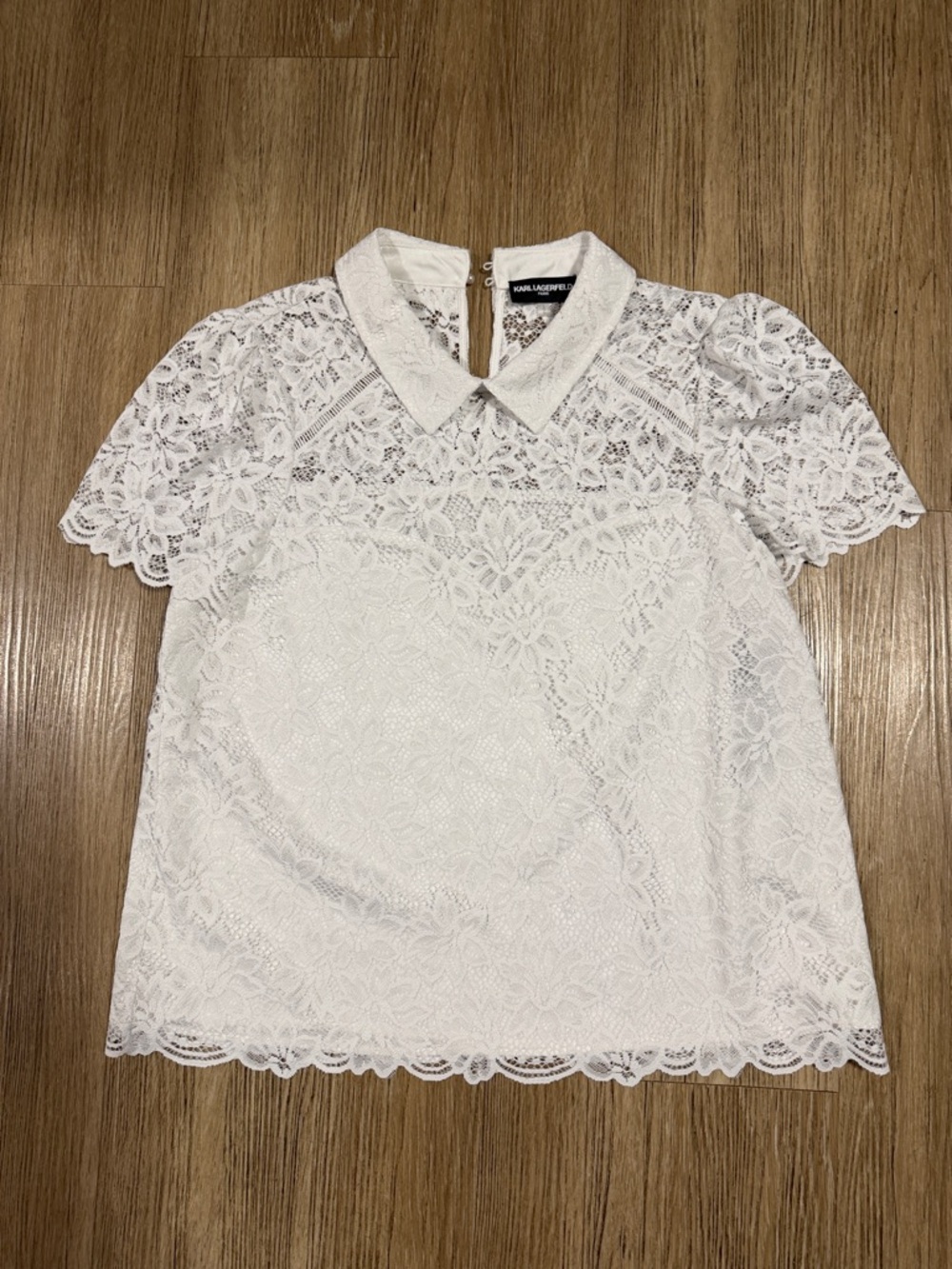 New Karl Lagerfeld White Lace Peter Pan Collar Short Sleeve Blouse L